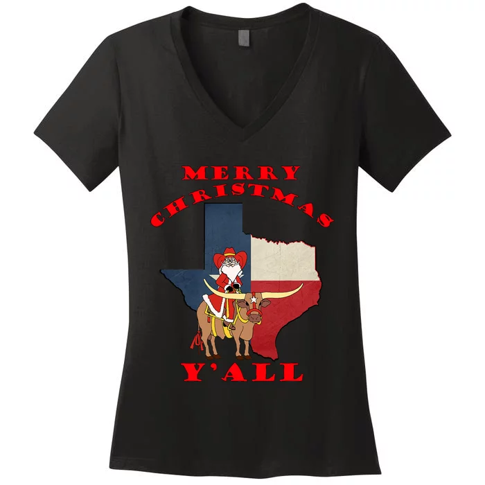 Texas Merry Christmas YAll Santa On Bull Design Women's V-Neck T-Shirt