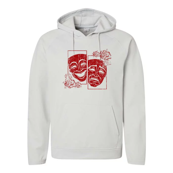 Theater Mask Drama Comedy Soft Grunge Red Roses Aesthetic Performance Fleece Hoodie