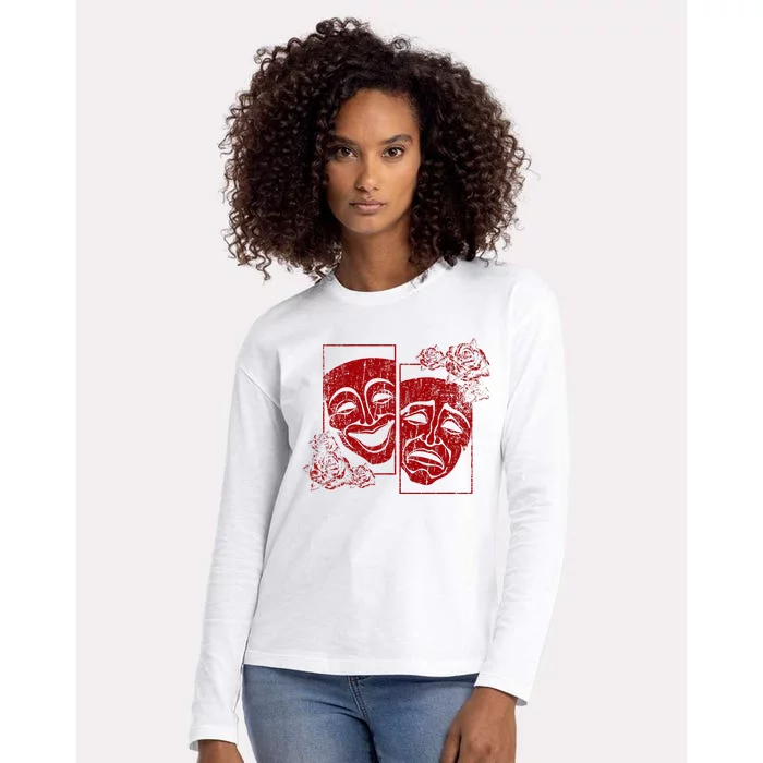 Theater Mask Drama Comedy Soft Grunge Red Roses Aesthetic Womens Cotton Relaxed Long Sleeve T-Shirt