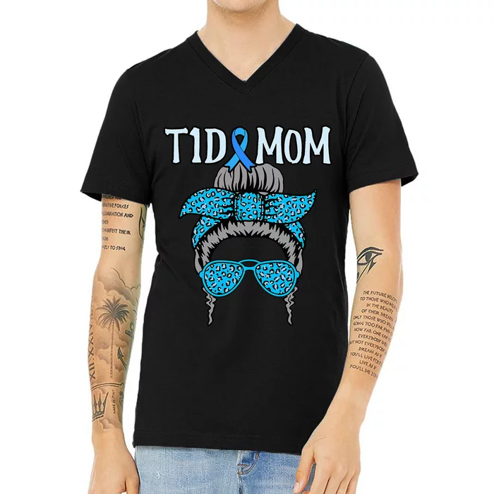 T1D Mom Diabetes Awareness Diabetic Blue Ribbon V-Neck T-Shirt