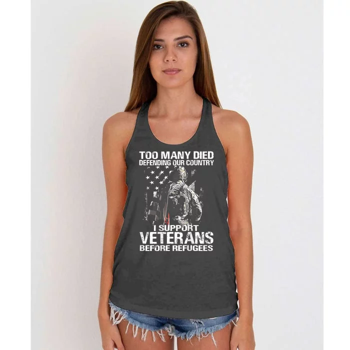 Too Many Died Defending Our Country (On Back) Women's Knotted Racerback Tank