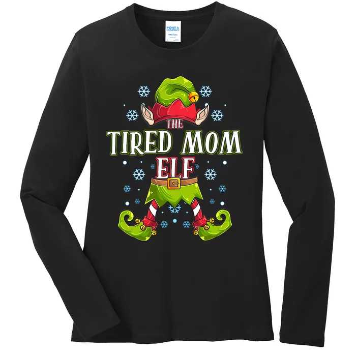 Tired Mom Elf Matching Family Group Christmas Party Ladies Long Sleeve Shirt