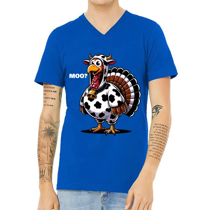 Turkey Moo Funny Thanksgiving V-Neck T-Shirt