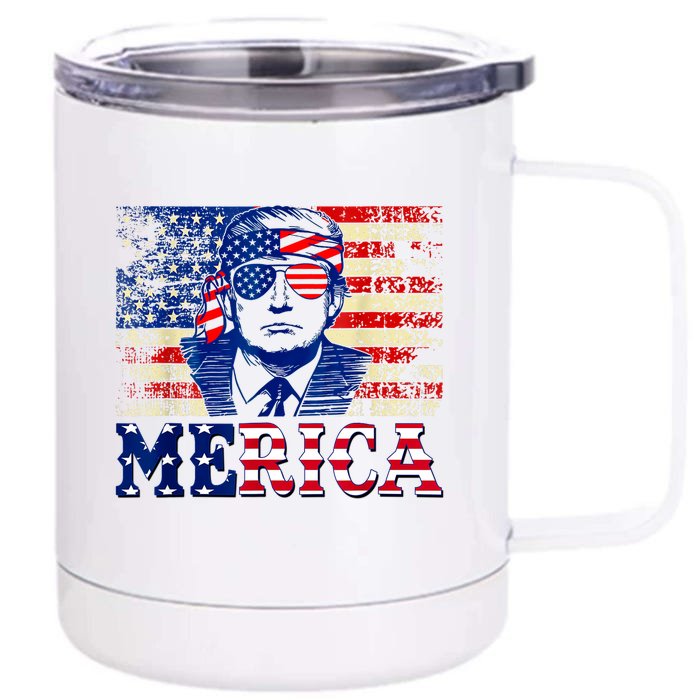 Trump Merica Fourth 4th Of July Trump American Flag Gift Front & Back 12oz Stainless Steel Tumbler Cup