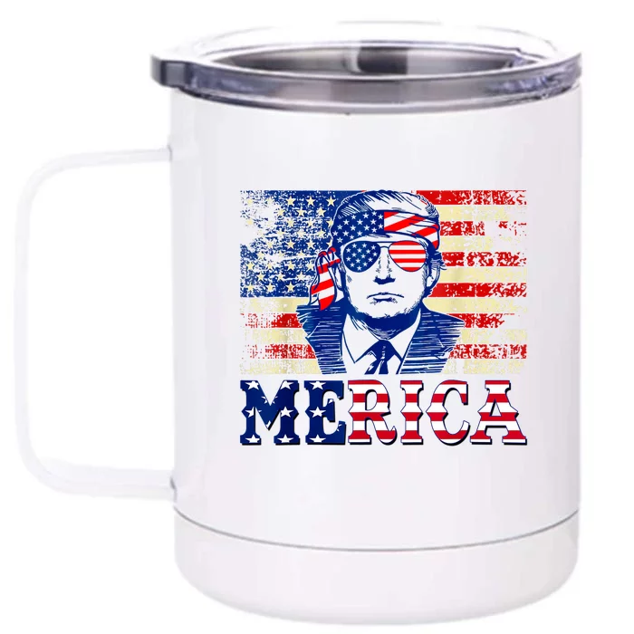 Trump Merica Fourth 4th Of July Trump American Flag Gift Front & Back 12oz Stainless Steel Tumbler Cup