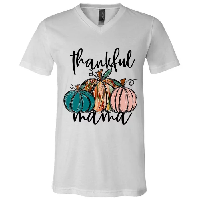 Thankful Mama Fall Season Pumpkin Design Gift V-Neck T-Shirt