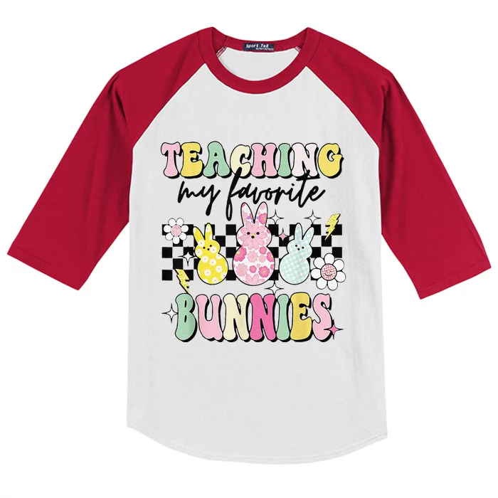 Teaching My Favorite Bunnies Cute Teacher Funny Easter Day Kids Colorblock Raglan Jersey