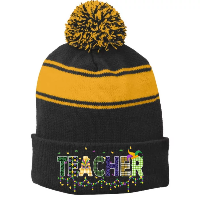 Teacher Mardi Gras Celebration Stripe Pom Pom Beanie