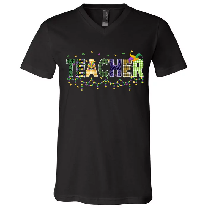 Teacher Mardi Gras Celebration V-Neck T-Shirt