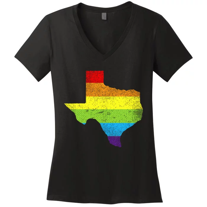 Texas Map G.A.Y Pride Rainbow Flag Women's V-Neck T-Shirt