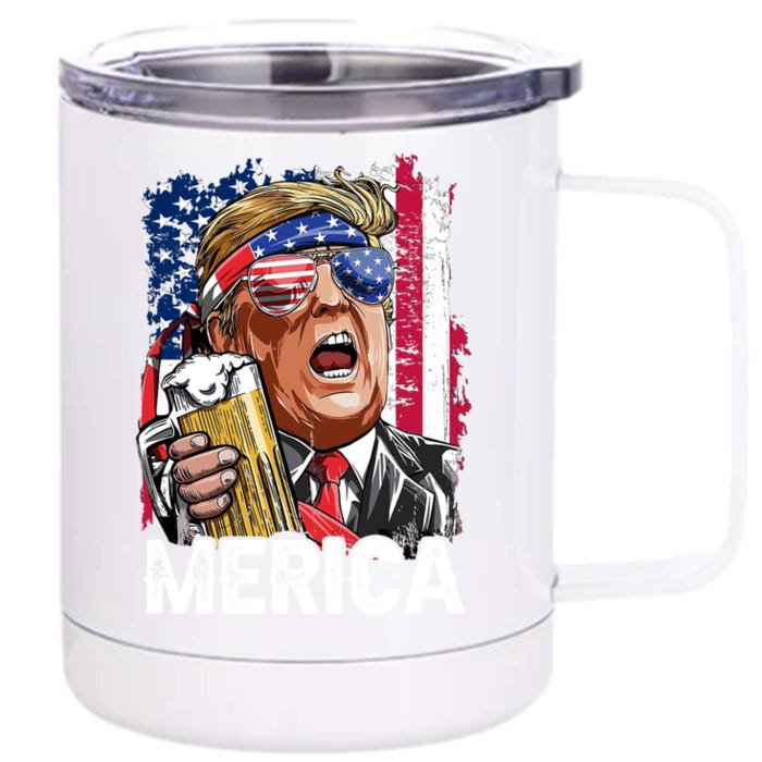 Trump Merica Gift Make 4th Of July Great Again American Flag Gift Front & Back 12oz Stainless Steel Tumbler Cup