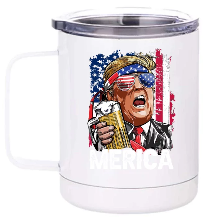 Trump Merica Gift Make 4th Of July Great Again American Flag Gift Front & Back 12oz Stainless Steel Tumbler Cup