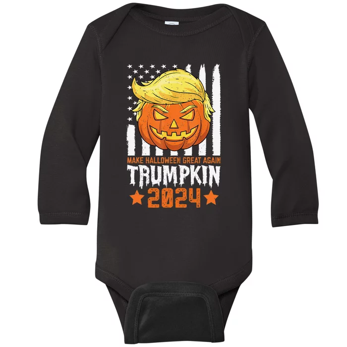 Trumpkin Make Halloween Great Again Flag Pumpkin Trump 2024 Baby Long Sleeve Bodysuit