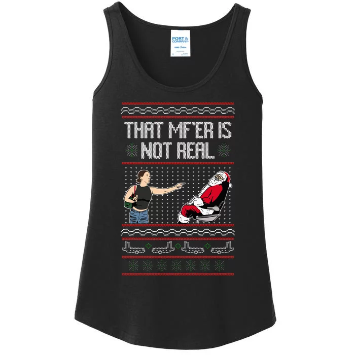 That Mf Is Not Real Santa On Chair Ugly Christmas Sweater Ladies Essential Tank