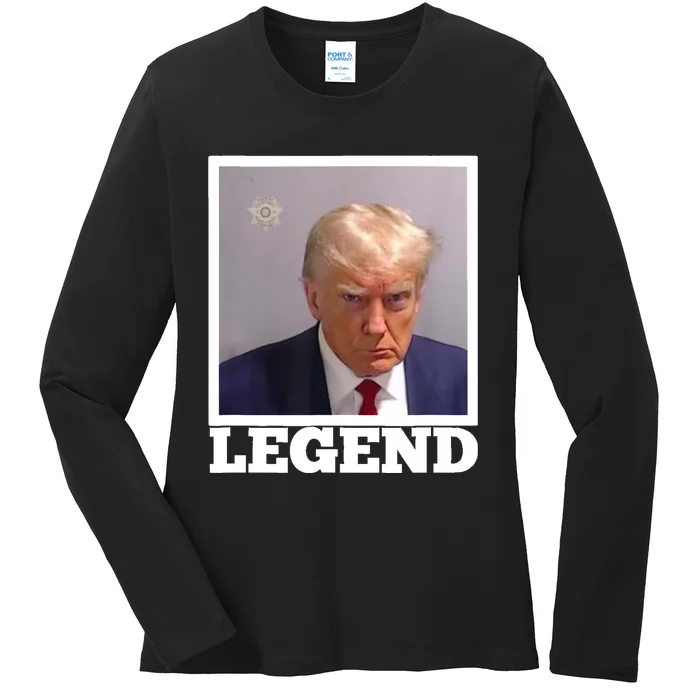 TRUMP MUGSHOT LEGEND President Trump 2024 Fulton Ladies Long Sleeve Shirt