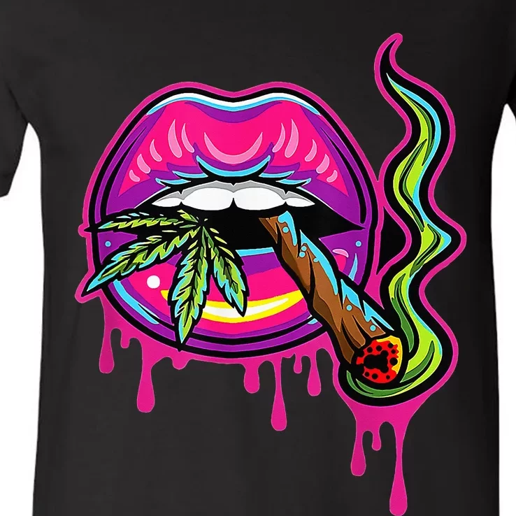 Teeth Marijuana Leaf 420 Lips Sexy Smoker Blunt Weed V-Neck T-Shirt