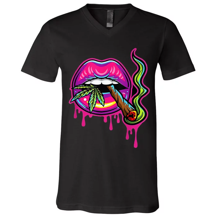 Teeth Marijuana Leaf 420 Lips Sexy Smoker Blunt Weed V-Neck T-Shirt