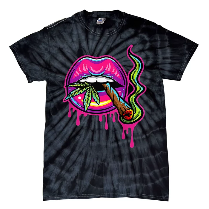 Teeth Marijuana Leaf 420 Lips Sexy Smoker Blunt Weed Tie-Dye T-Shirt