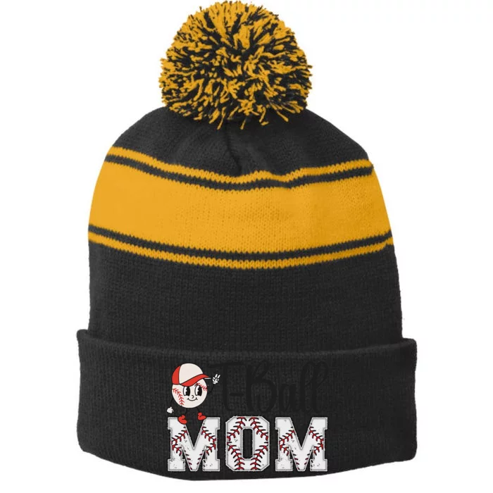 Teeball Mom Leopard Funny Tball Mom Mothers Day Stripe Pom Pom Beanie