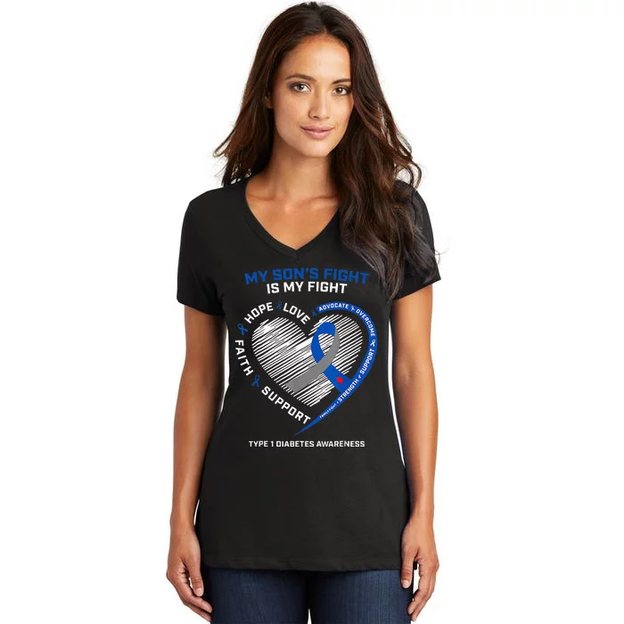 T1D Mom My Son's Fight Is My Fight Type 1 Diabetes Awareness Women's V-Neck T-Shirt