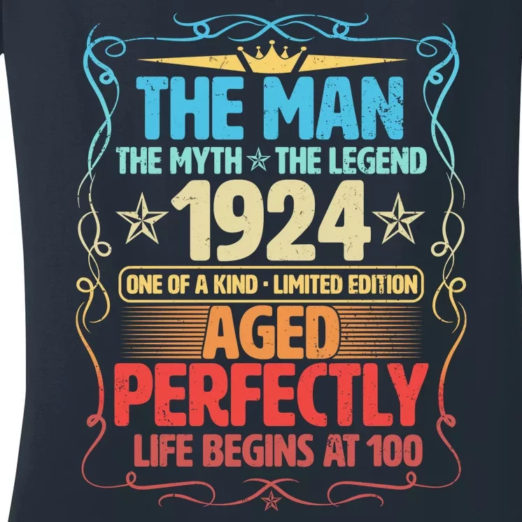 The Man Myth Legend 1924 Aged Perfectly 100th Birthday Women's V-Neck T-Shirt