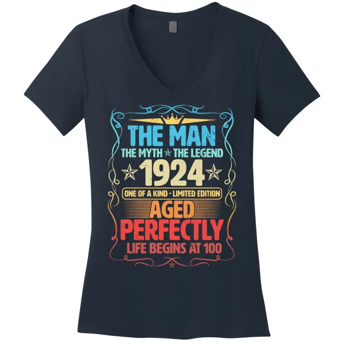 The Man Myth Legend 1924 Aged Perfectly 100th Birthday Women's V-Neck T-Shirt