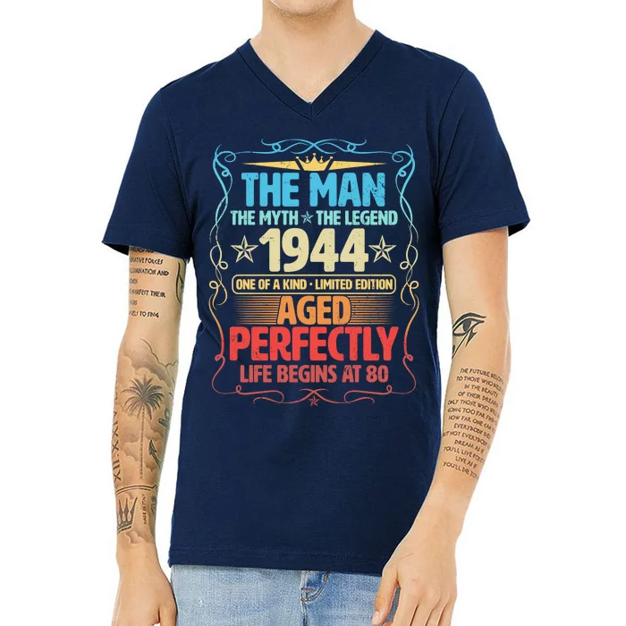 The Man Myth Legend 1944 Aged Perfectly 80th Birthday V-Neck T-Shirt