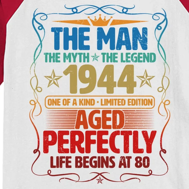 The Man Myth Legend 1944 Aged Perfectly 80th Birthday Kids Colorblock Raglan Jersey