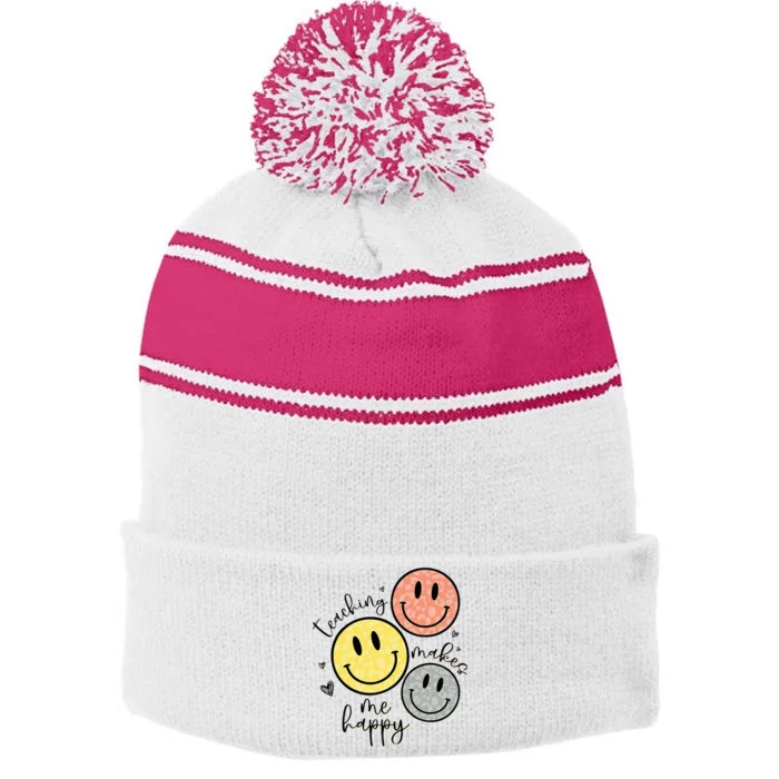 Teaching Makes Me Happy Smile Face School Gift For Teacher Stripe Pom Pom Beanie