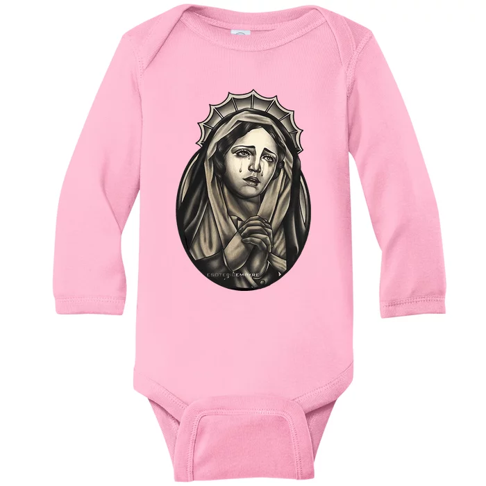 Tattoo Mother Mary Mother of God Baby Long Sleeve Bodysuit