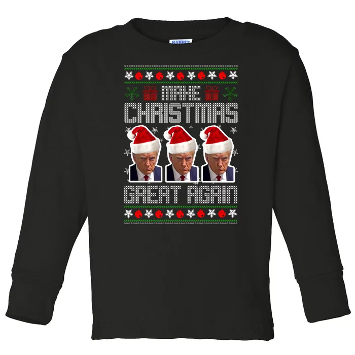 Trump Mugshot Make Christmas Great Again Funny Ugly Toddler Long Sleeve Shirt