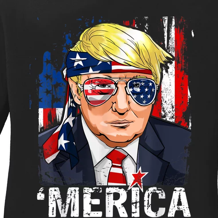 Trump Merica, Murica 4th Of July American Flag Ladies Long Sleeve Shirt