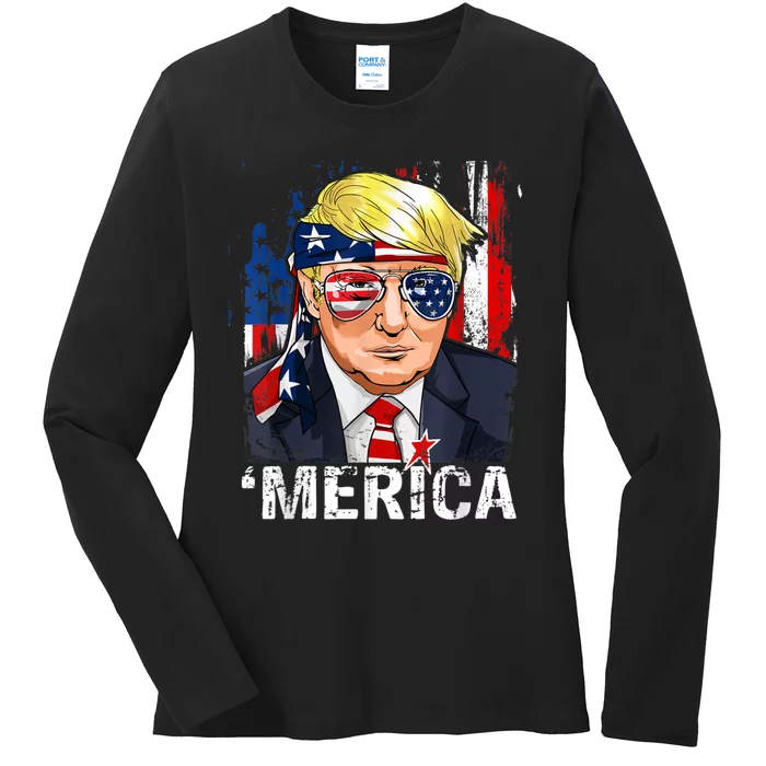 Trump Merica, Murica 4th Of July American Flag Ladies Long Sleeve Shirt