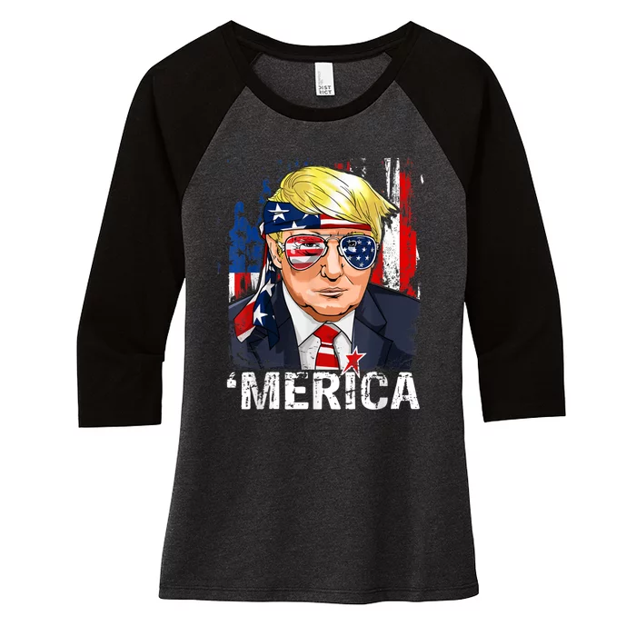 Trump Merica, Murica 4th Of July American Flag Women's Tri-Blend 3/4-Sleeve Raglan Shirt