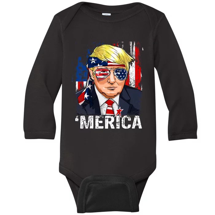 Trump Merica Murica 4th Of July American Flag Baby Long Sleeve Bodysuit