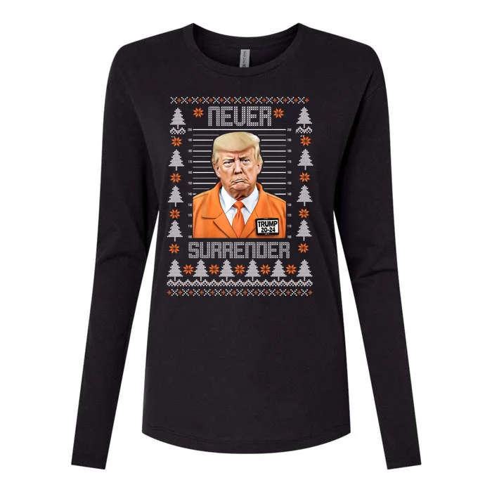 Trump Mugshot Never Surrender Ugly Christmas Womens Cotton Relaxed Long Sleeve T-Shirt