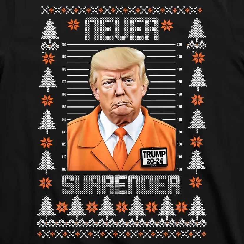 Trump Mugshot Never Surrender Ugly Christmas T-Shirt