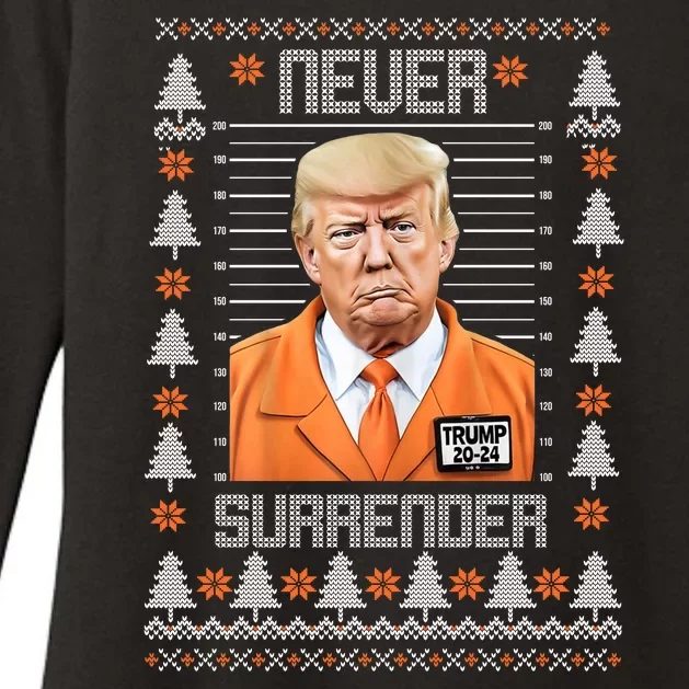 Trump Mugshot Never Surrender Ugly Christmas Womens CVC Long Sleeve Shirt