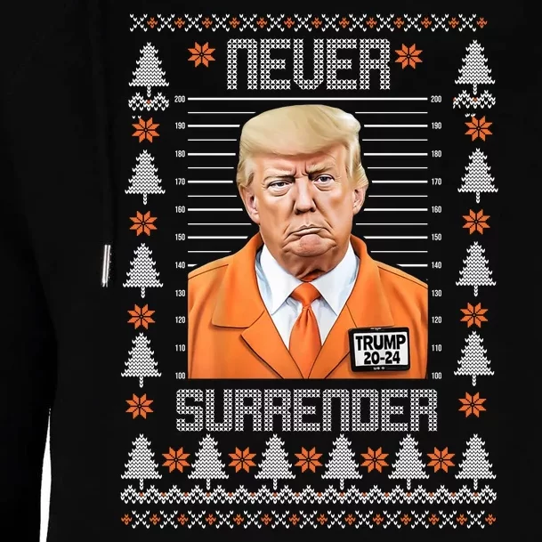 Trump Mugshot Never Surrender Ugly Christmas Womens Funnel Neck Pullover Hood