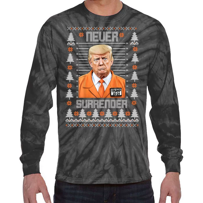 Trump Mugshot Never Surrender Ugly Christmas Tie-Dye Long Sleeve Shirt