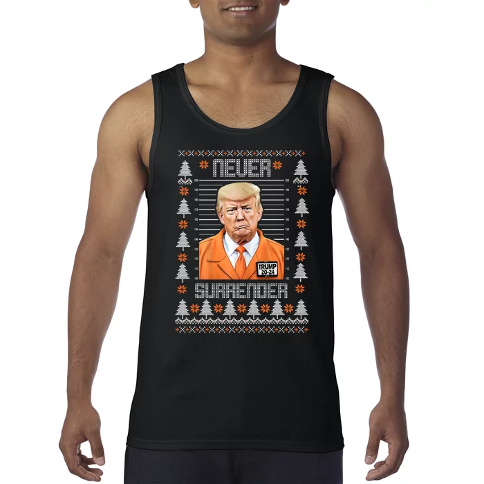 Trump Mugshot Never Surrender Ugly Christmas Tank Top