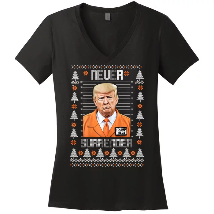 Trump Mugshot Never Surrender Ugly Christmas Women's V-Neck T-Shirt