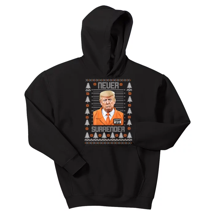 Trump Mugshot Never Surrender Ugly Christmas Kids Hoodie