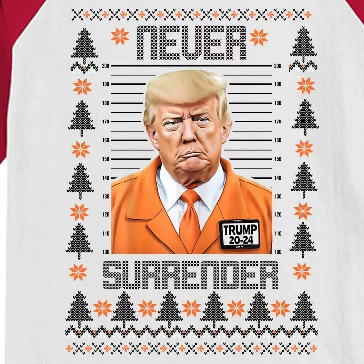 Trump Mugshot Never Surrender Ugly Christmas Kids Colorblock Raglan Jersey