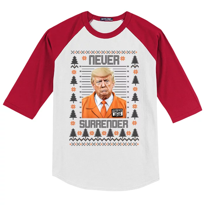 Trump Mugshot Never Surrender Ugly Christmas Kids Colorblock Raglan Jersey