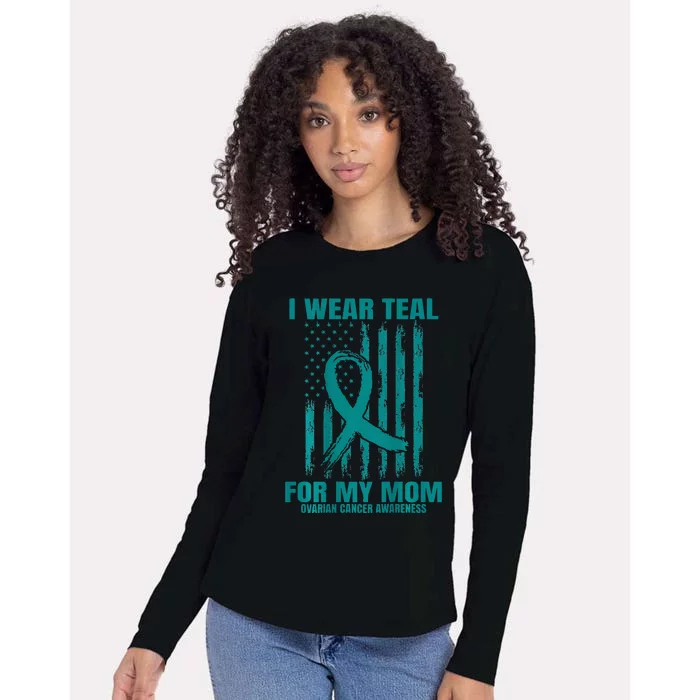 Teal Mom Ovarian Cancer Awareness Flag Graphic Back Print Womens Cotton Relaxed Long Sleeve T-Shirt