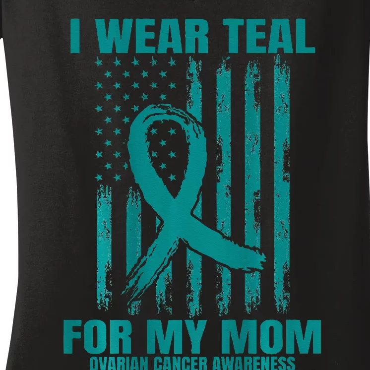 Teal Mom Ovarian Cancer Awareness Flag Graphic Back Print Women's V-Neck T-Shirt