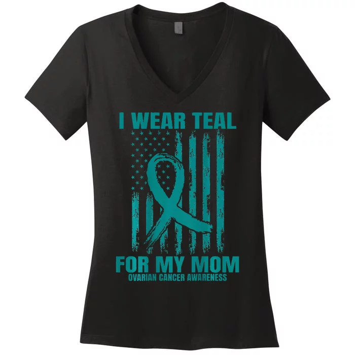 Teal Mom Ovarian Cancer Awareness Flag Graphic Back Print Women's V-Neck T-Shirt