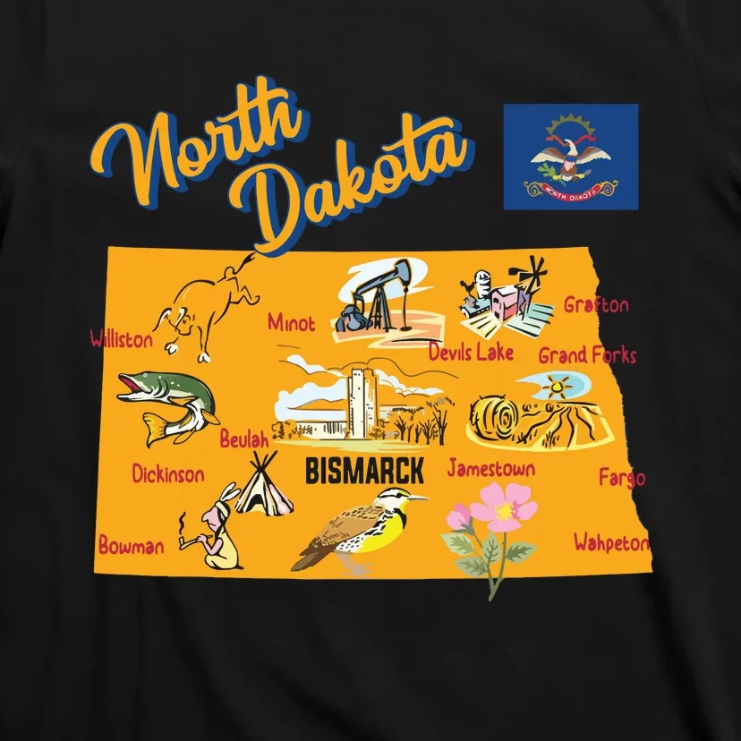 Tourist Map Of North Dakota State Major Cities Flag Usa T-Shirt