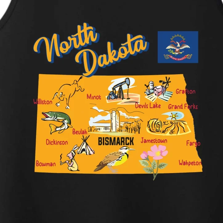 Tourist Map Of North Dakota State Major Cities Flag Usa Performance Tank